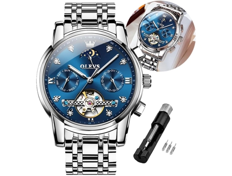 VEANXIN Reloj mecánico automático de acero inoxidable para hombre(Azul plateado)