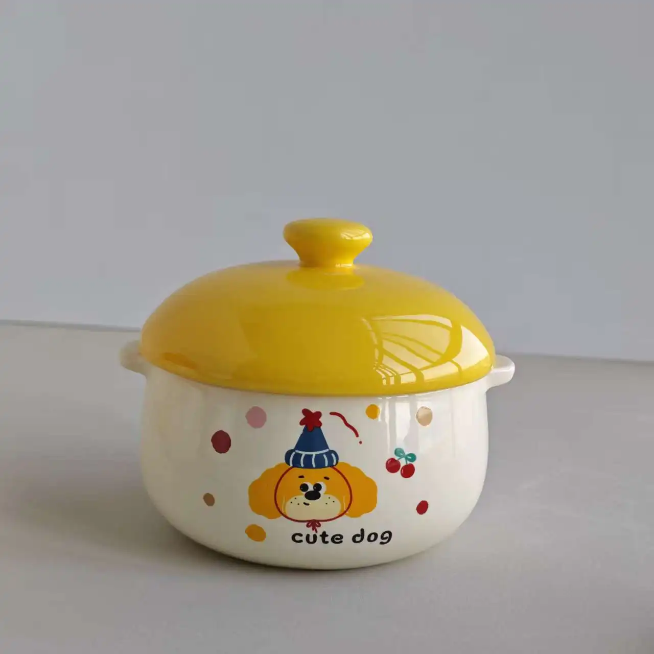 Bol de cerámica con tapa y asas dobles, adorable mini bol para sopa con diseño de dibujos animados. MDUG (Perro con sombrero, 12,7 cm)