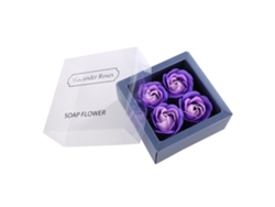 Ramo de jabones de flores rosas con 4 flores, regalo romántico en caja morada.