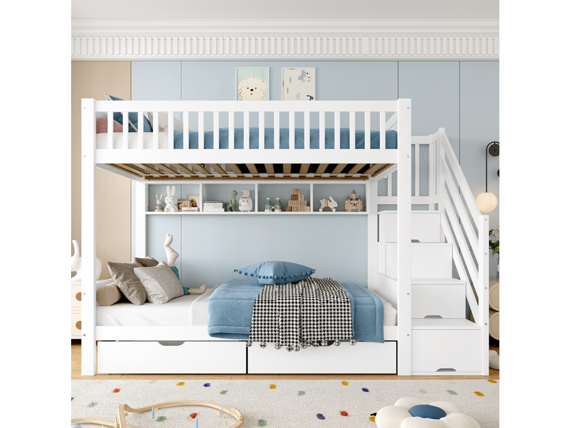 Litera infantil de 90 x 200 cm con 2 cajones y estantes, armario con compartimentos de almacenaje, color blanco Mobrio