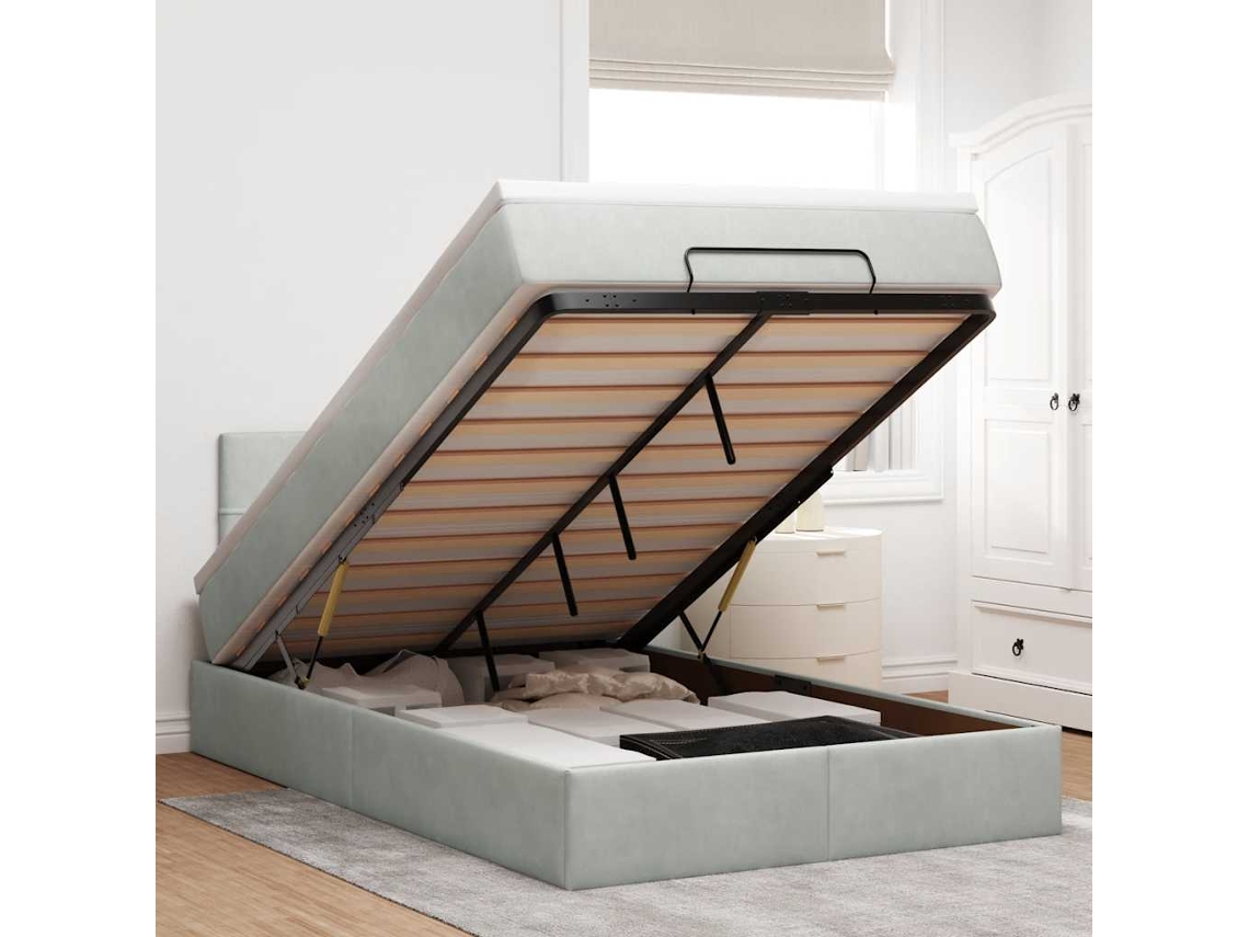 Estructura Cama Otomana Colchón Terciopelo Gris Claro 120x200cm
