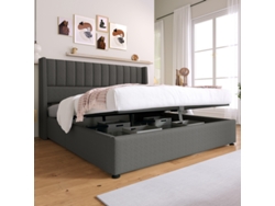 Cama 180x200 Cm Con Almacenamiento Hidráulico, Metal Y Madera, Somier De Láminas, Ropa De Cama Gris, Colchón No Incluido.