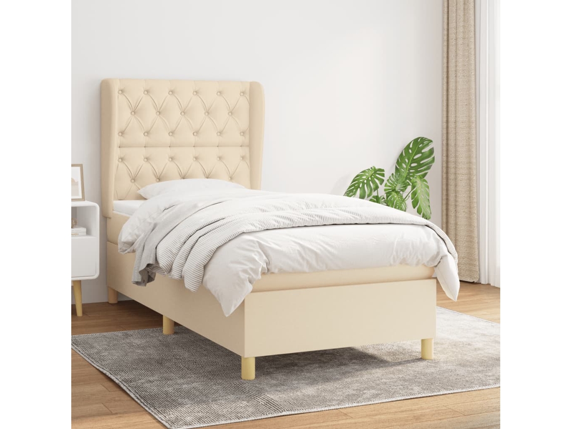 Cama Box Spring Con Colchón Tela Color Crema 80x200 Cm