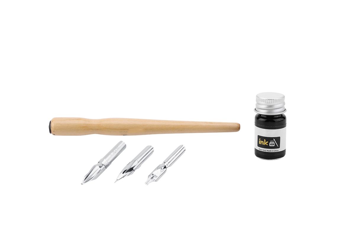 Conjunto De Caneta Para Quadrinhos Com 3 Pontas, Porta-caneta De Madeira E Tinta - Art Supplies Para Caligrafia E Desenho