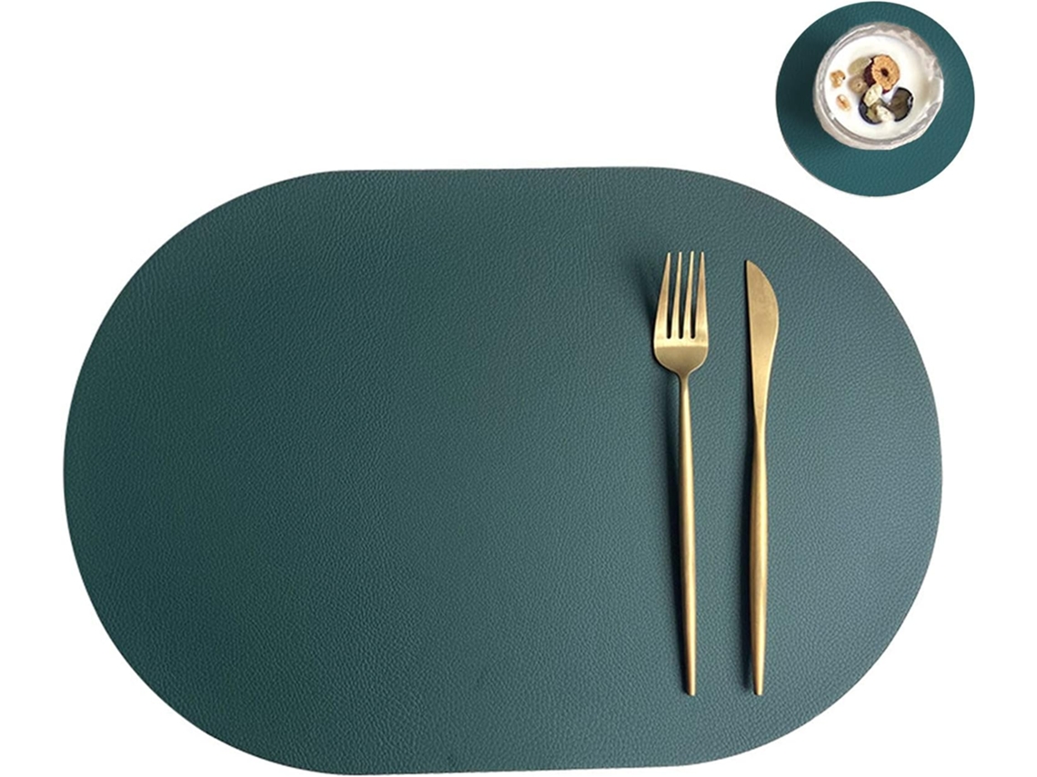 Juego de 4 manteles individuales ovalados de piel sintética, antiadherentes e impermeables, con posavasos, para el hogar, la cocina y el restaurante, color verde/beige.