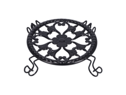 Elegante soporte para macetas de hierro forjado negro, ligero y estable.