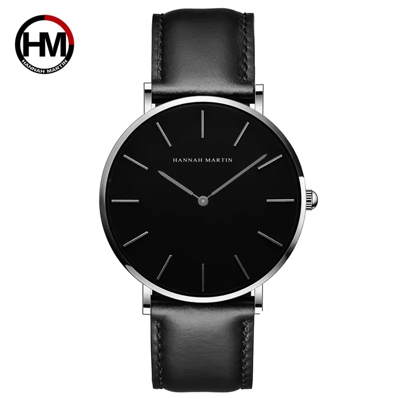 Reloj de cuarzo ultrafino para hombre, elegante y sofisticado, ideal para negocios. MDUG (Correa negra, caja plateada, esfera negra).