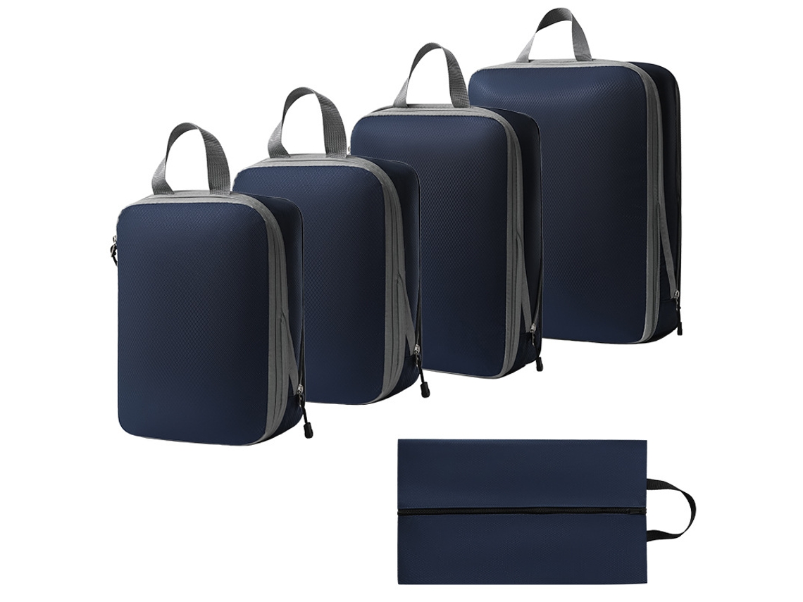 Bolsa de almacenamiento de compresión, juego de 5 piezas, bolsa de almacenamiento de viaje ligera, color azul marino y dorado