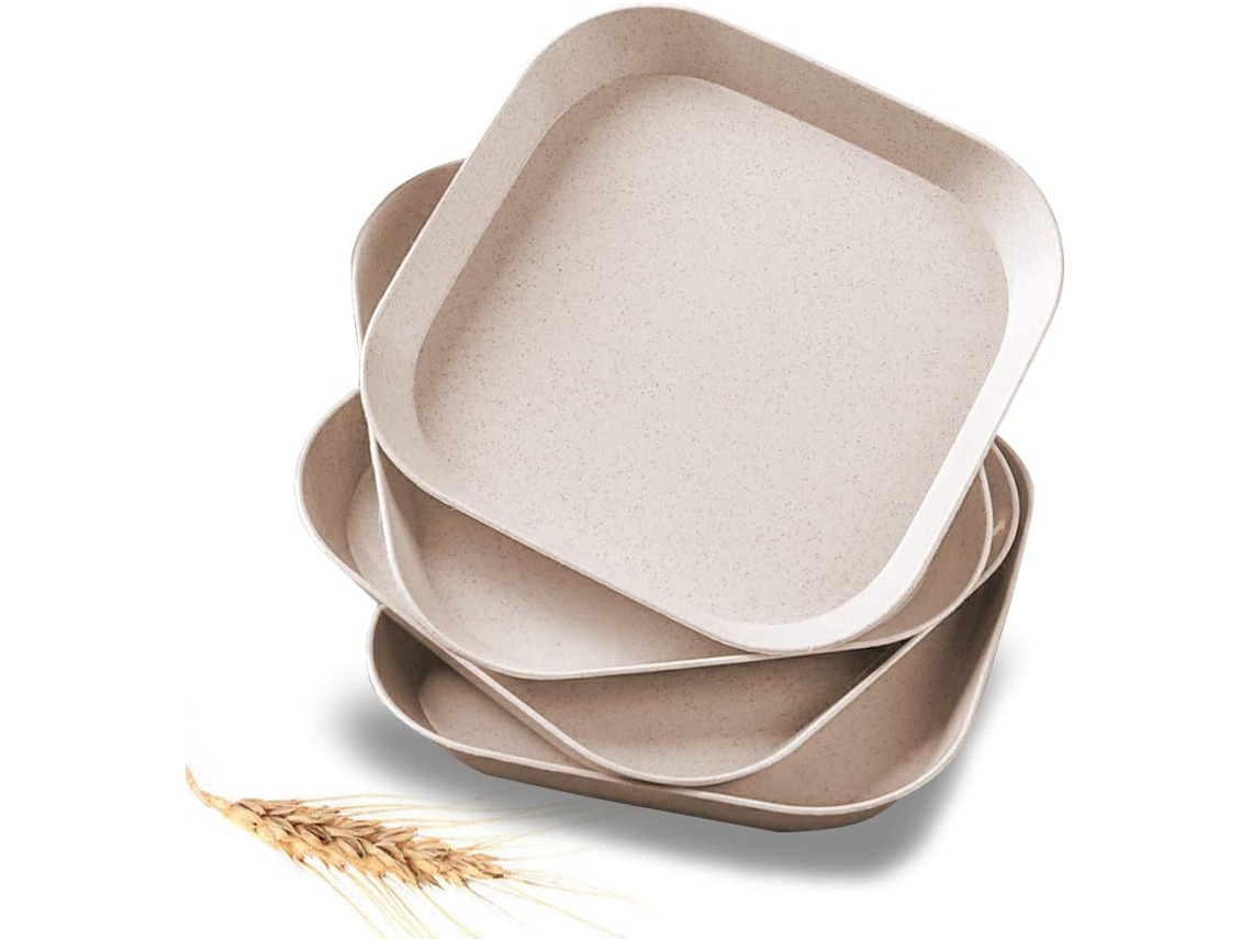 Platos hondos de paja de trigo, ligeros, duraderos e irrompibles para cenas familiares y picnics. Suministros saludables. Beige. Paquete de 4.
