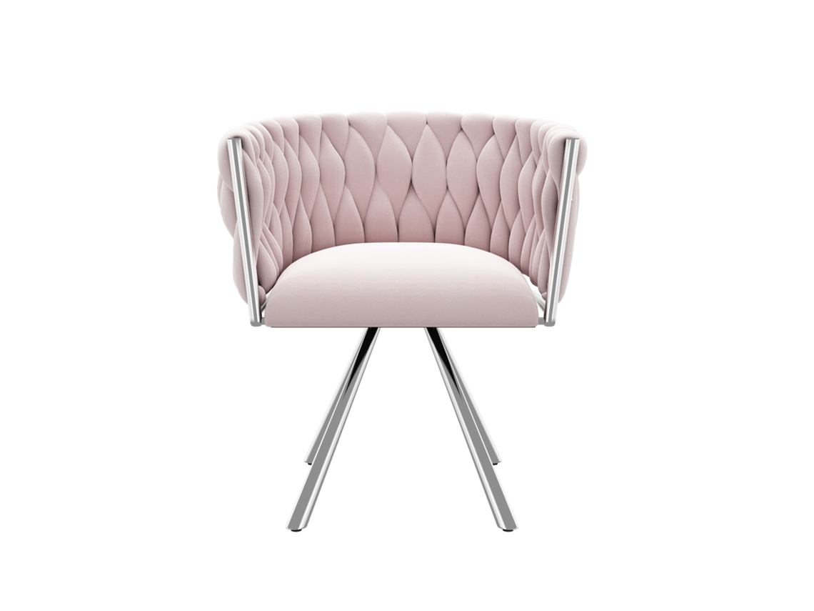 Silla giratoria Mobrio de terciopelo rosa con reposabrazos y patas de metal plateado