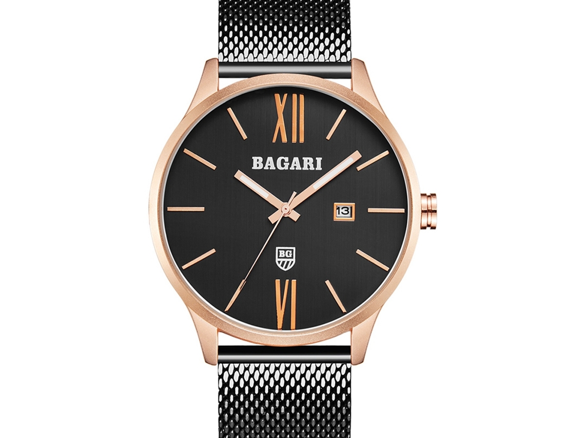 Reloj Deportivo Hombre Bagari De Metal Con Movimiento De Cuarzo Impermeable Oro Rosa Y Negro