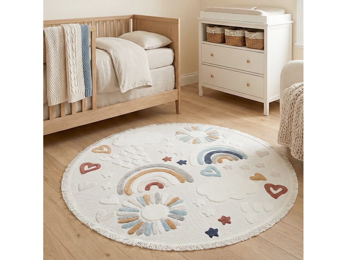 Rugura - Alfombra Infantil Redonda 160cm Habitación Niña Niño Con Nubes, Estrellas, Arcoiris, Animales Y Montañas