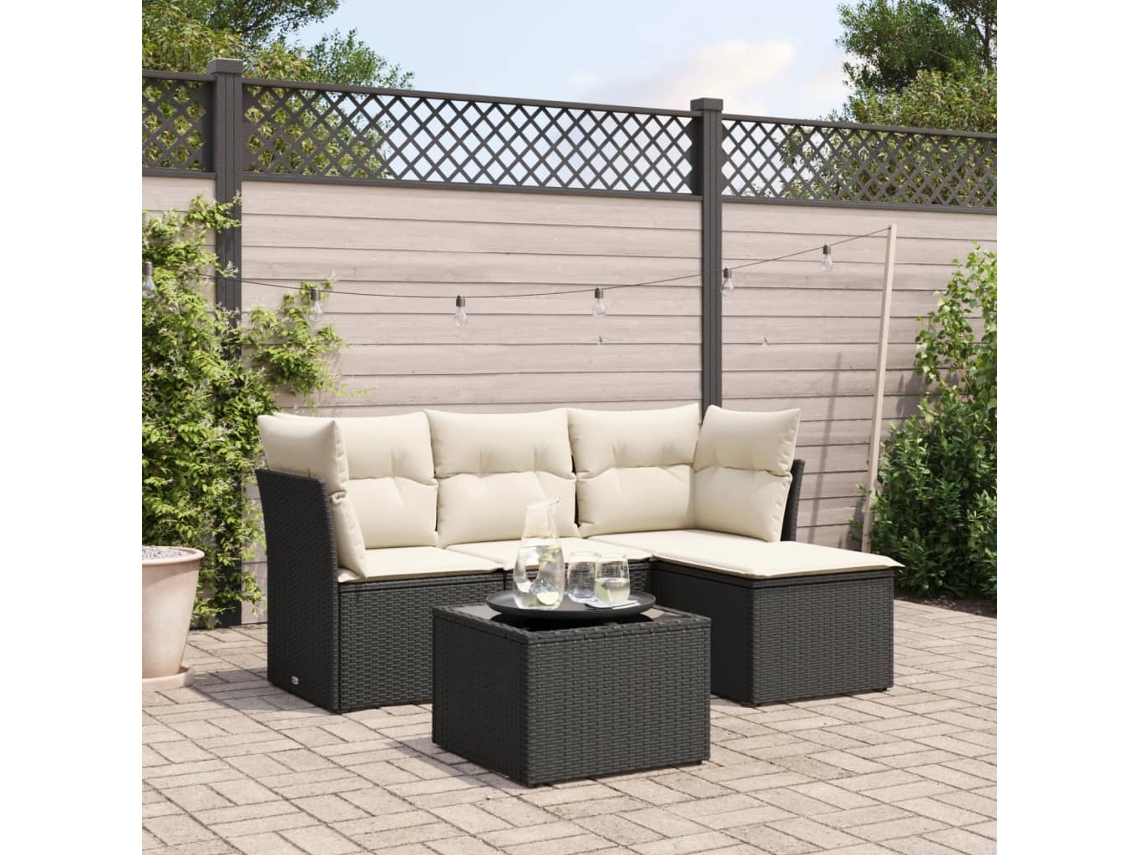 Conjunto de sofá de jardín de 5 piezas con cojines de mimbre sintético negro, Dkd Home Decor