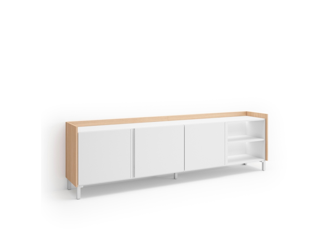 Mueble Tv, Televisión, 207x35x61cm, Para Tv Hasta 80", Diseño Industrial, Led, Blanco Y Roble Soft