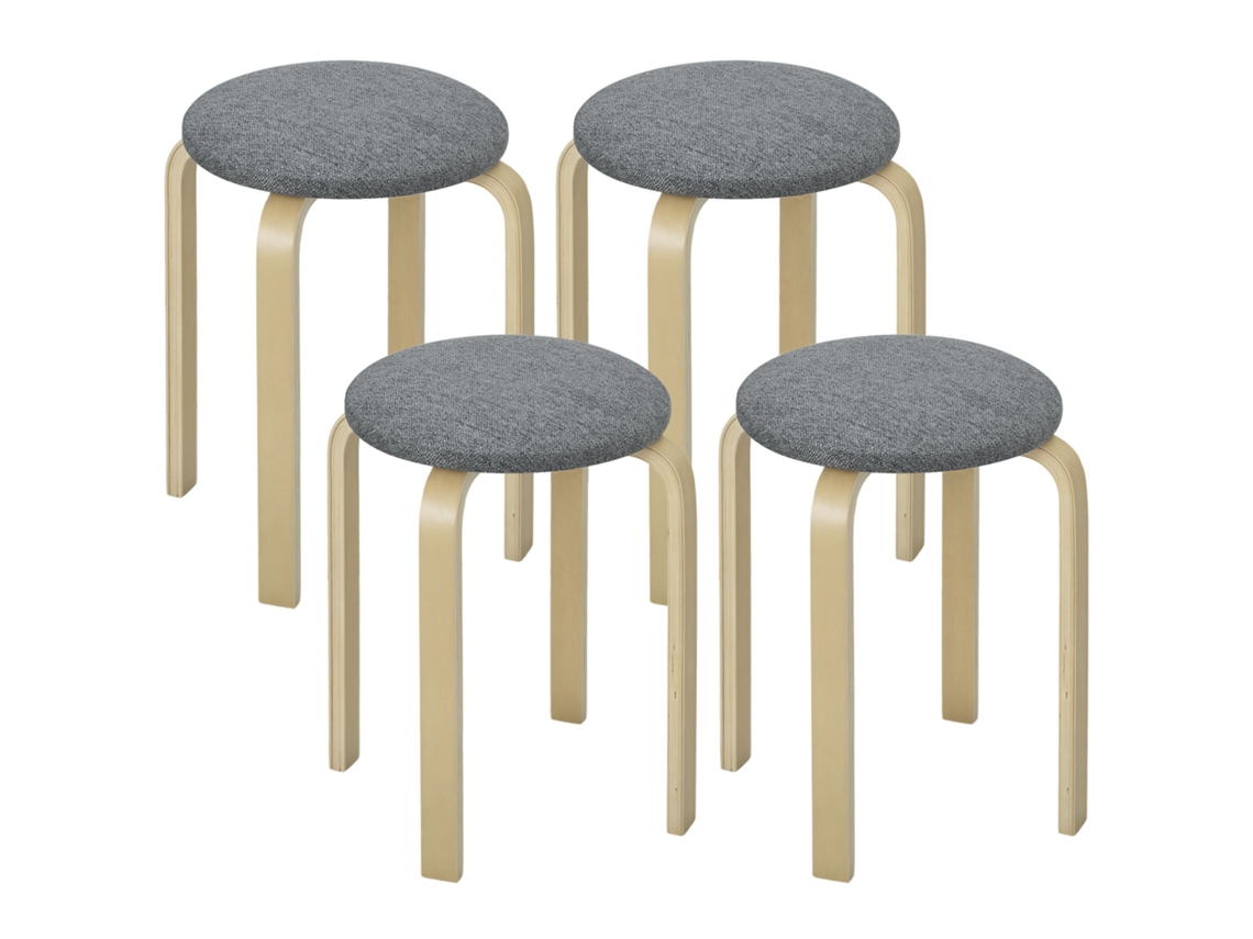 Juego de 4 taburetes redondos apilables, sin respaldo, con asiento acolchado, de 40x40x45 cm, color gris.