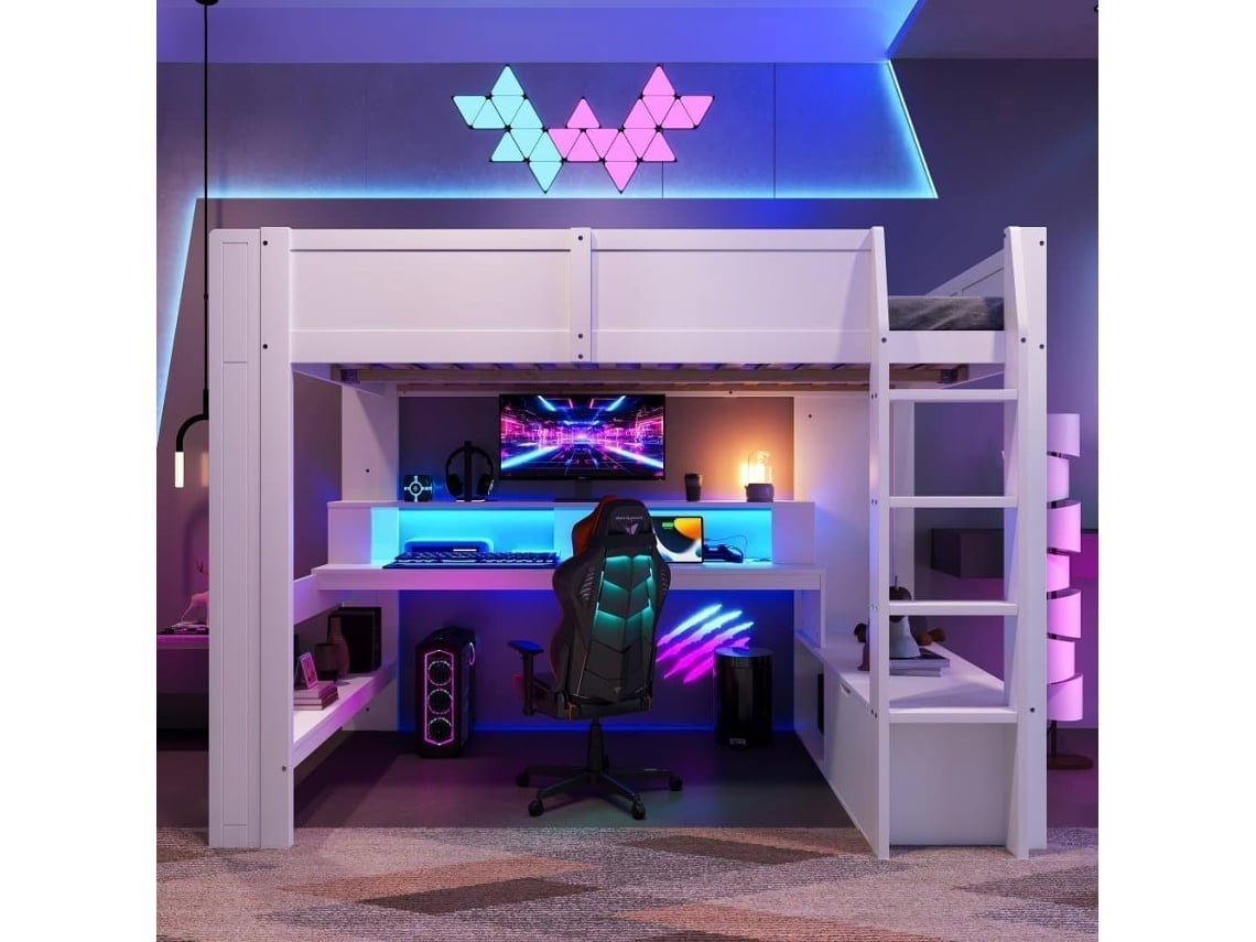 Cama Alta 140x200 Cm - Cama Gaming Con Escritorio, Led, Cajón, Estantes, Sin Colchón - Blanco