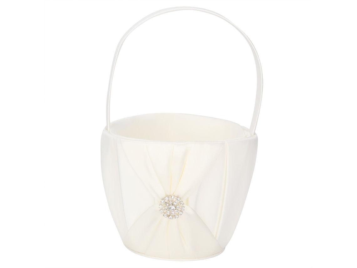 Cesta De Flores De Satén Blanco Para La Novia Con Cinta - Decoración Romántica