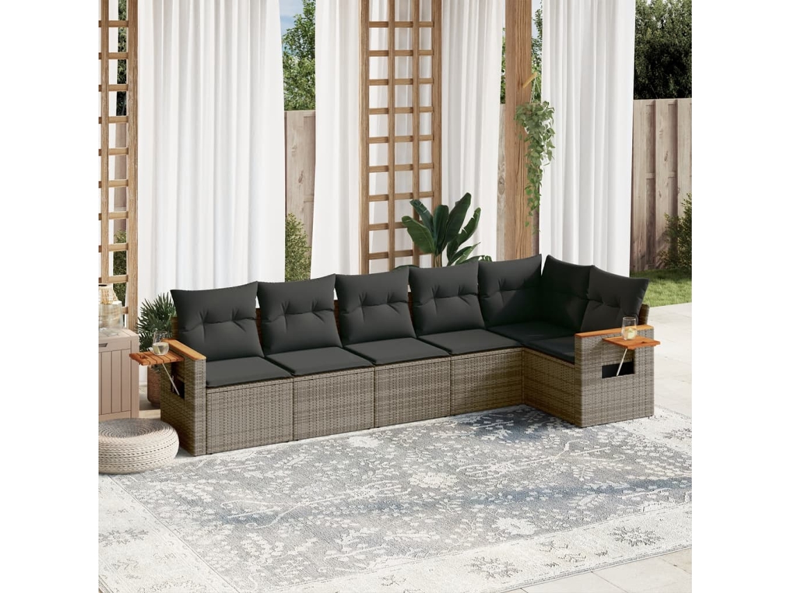 Conjunto de sofá de jardín de 6 piezas con cojines de mimbre gris, Dkd Home Decor