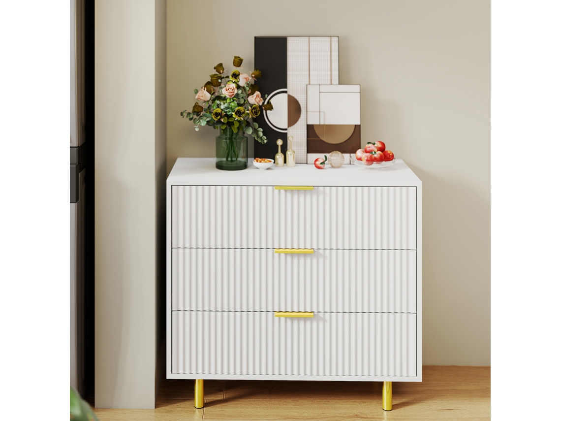 Aparador Con 3 Cajones 72x80x40 Cm - Diseño Moderno, Mueble De Almacenamiento - Blanco Y Dorado