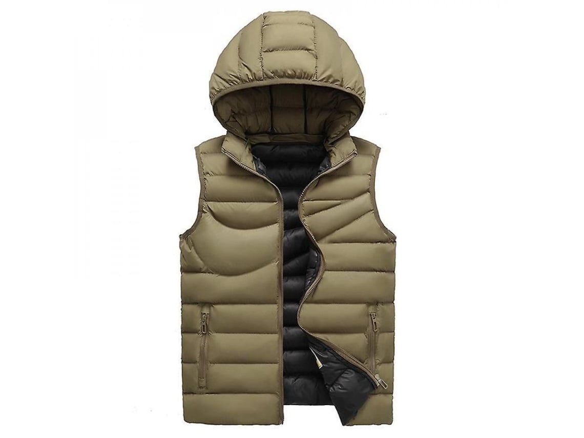 2026-6442-chaleco Acolchado Hombre Sin Mangas Con Capucha Desmontable Impermeable Para Invierno M Caqui