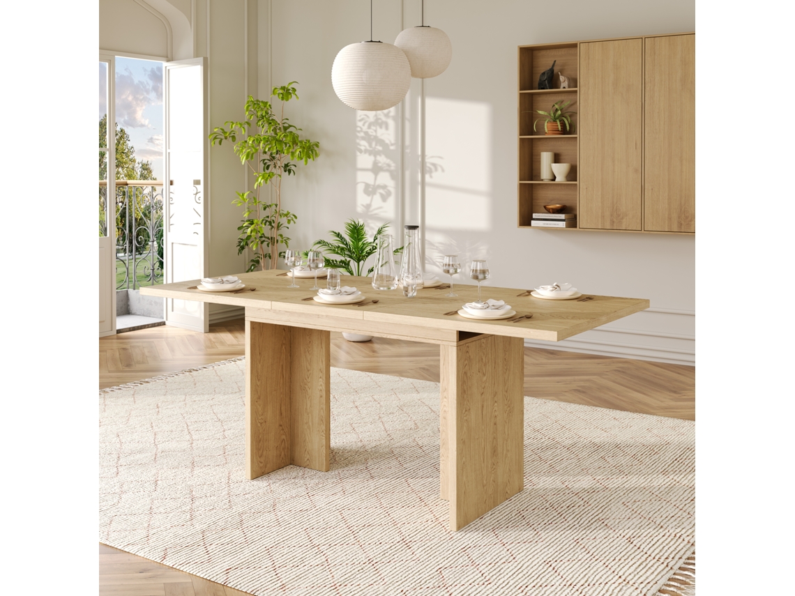 Mesa de comedor extensible, 140/180*80 cm, adecuada para 6 a 8 personas, forma rectangular, tablero grueso, estilo sencillo.