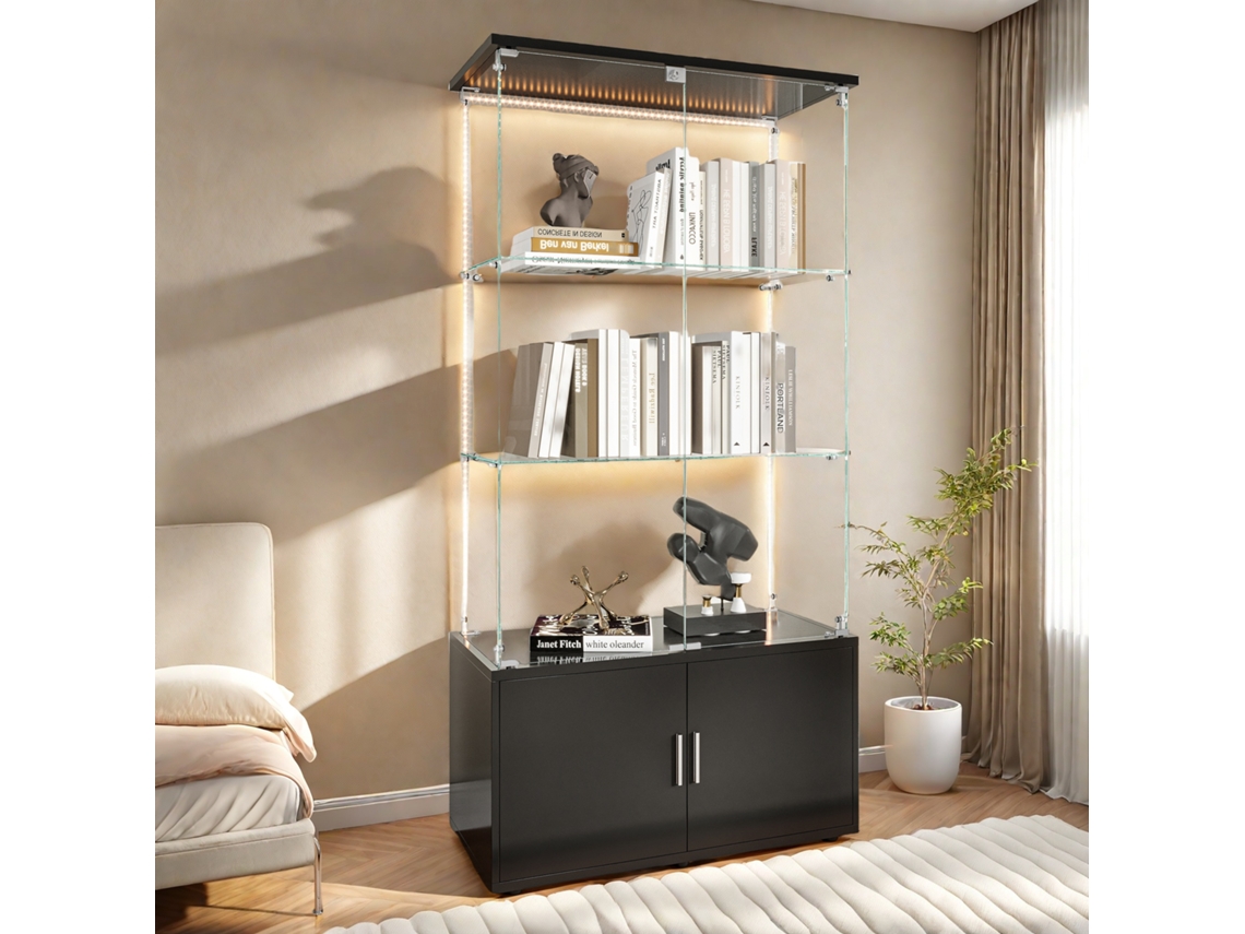 Vitrina de cristal de 164 x 79 x 35 cm con 3 estantes LED y puertas dobles, color negro Rosahqnda Vitrina para salón
