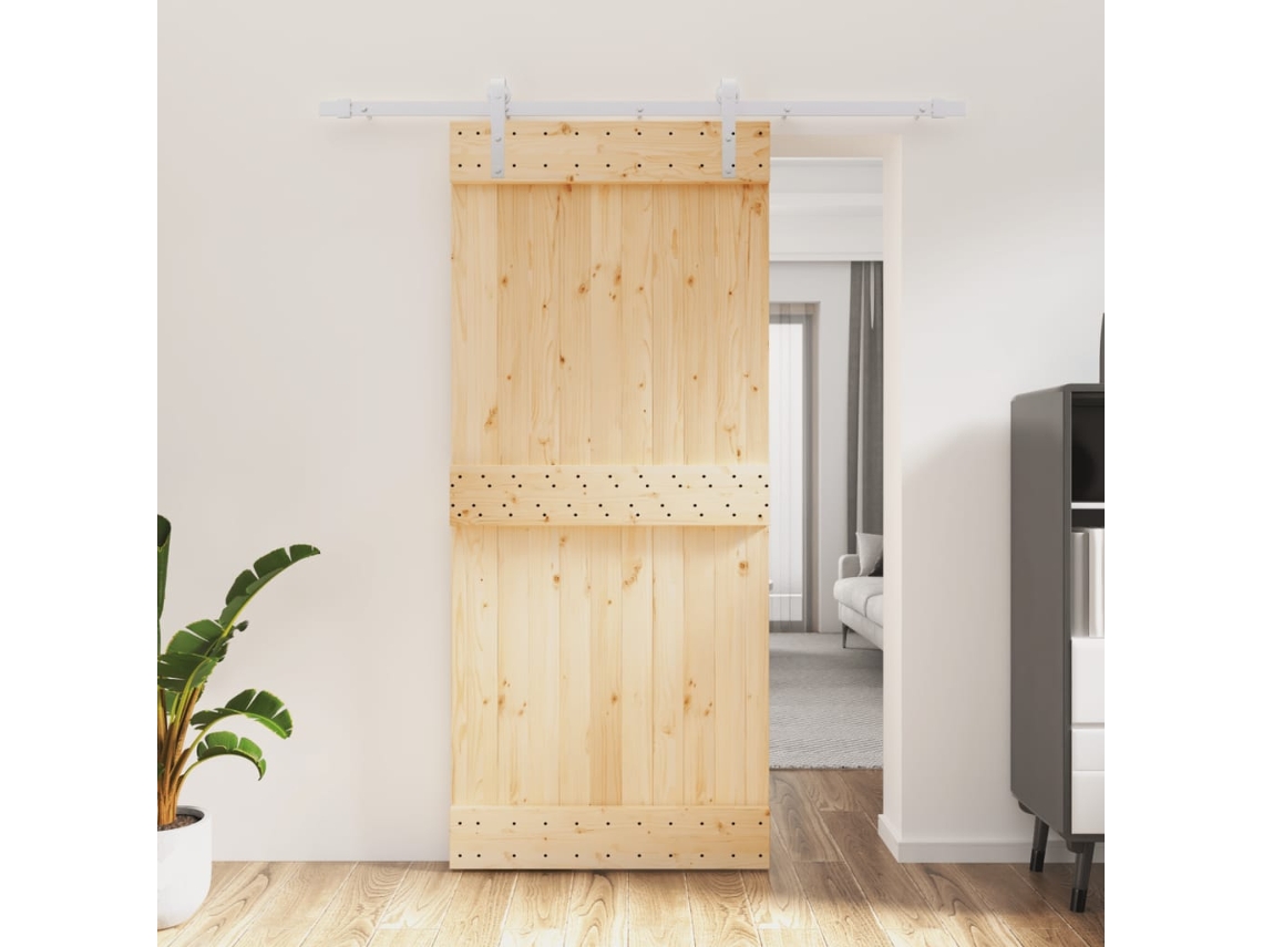 Puerta Corredera Con Herrajes Madera Maciza De Pino 90x210 Cm