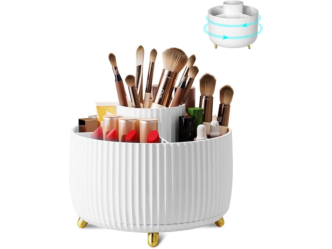 Soporte Blanco Giratorio 360° Para Pinceles De Maquillaje Con Compartimentos