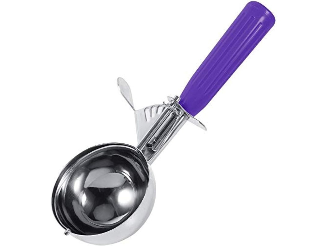 Cuchara de acero inoxidable para helado, fruta y puré de patatas, con mango antideslizante y palanca de liberación.