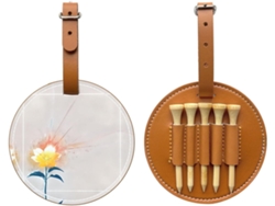 Bolsa negra para guardar tees de golf con una bonita flor amarilla. Fácil de transportar y más práctica para guardar.