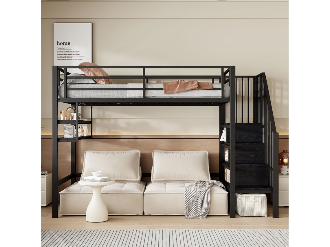 Cama Mecedora 90x200 Cm, Con Estantes, Escalera De Almacenaje, Espacio De Juego Debajo, Barandas De Seguridad, Sin Colchón, Negro