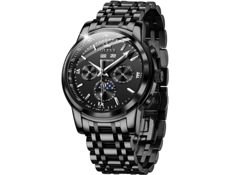 VEANXIN Reloj mecánico automático para hombre sin pilas con correa de acero inoxidable con fase lunar resistente al agua(negro)