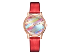 Elegante Reloj De Pulsera Para Mujer Con Esfera Degradada Arcoíris Y Correa De Piel Sintética Roja.