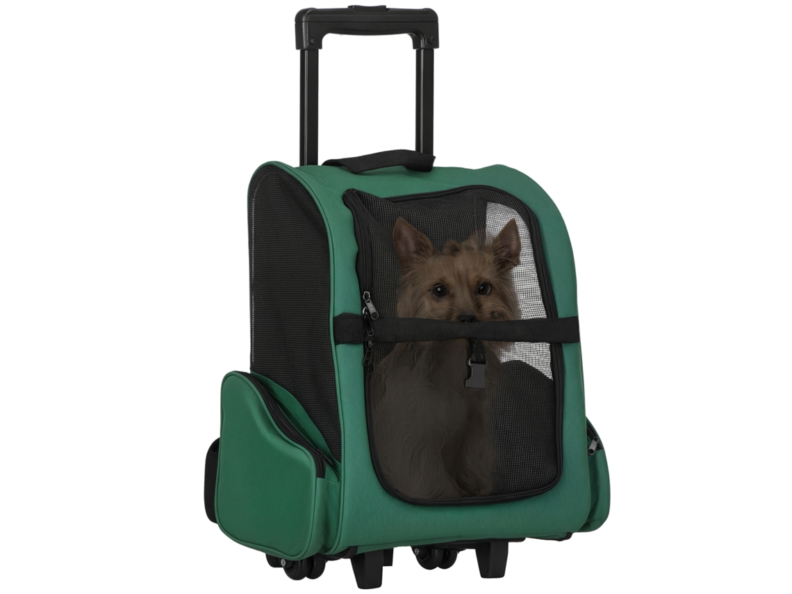 Mochila-carrito 2 En 1 Para Mascotas Con 2 Ruedas Y Asa De Aluminio, 42x25x55 Cm, Verde.
