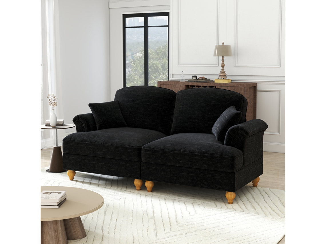 Sofá 2 Plazas - Estilo Mid-century, Brazos Acampanados, Faldón Extraíble, Patas Madera - Negro