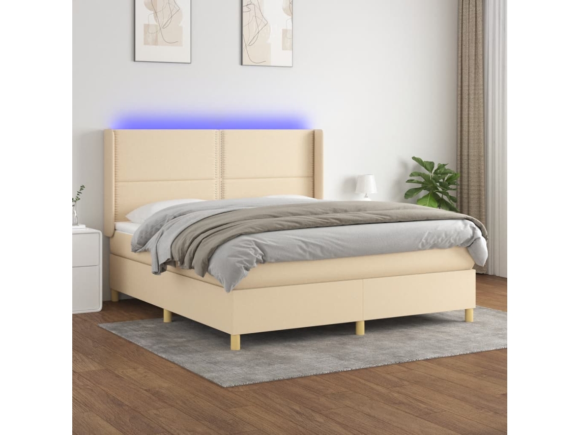 Cama Box Spring Colchón Y Luces Led Tela Crema 180x200 Cm