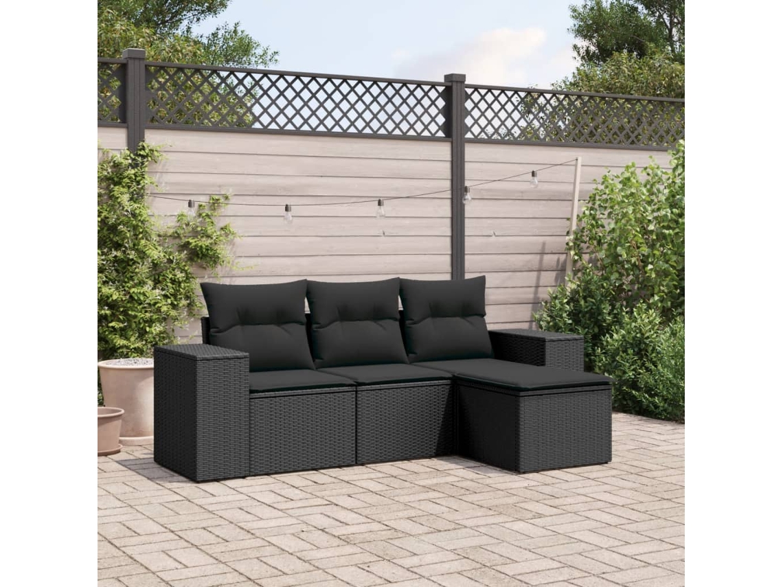 Conjunto de sofá de jardín de 4 piezas con cojines, mimbre sintético negro, Dkd Home Decor