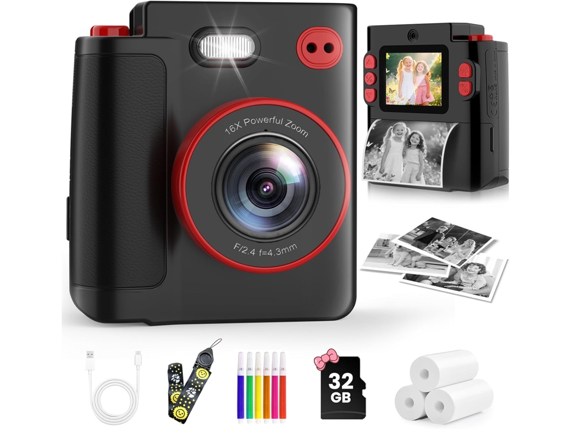 Cámara instantánea infantil con impresión, HD 1080p, con tarjeta SD de 32 GB, color negro (PANOONA).