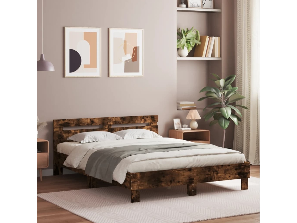 Estructura De Cama Cabecero Y Luces Led Roble Ahumado 150x200cm