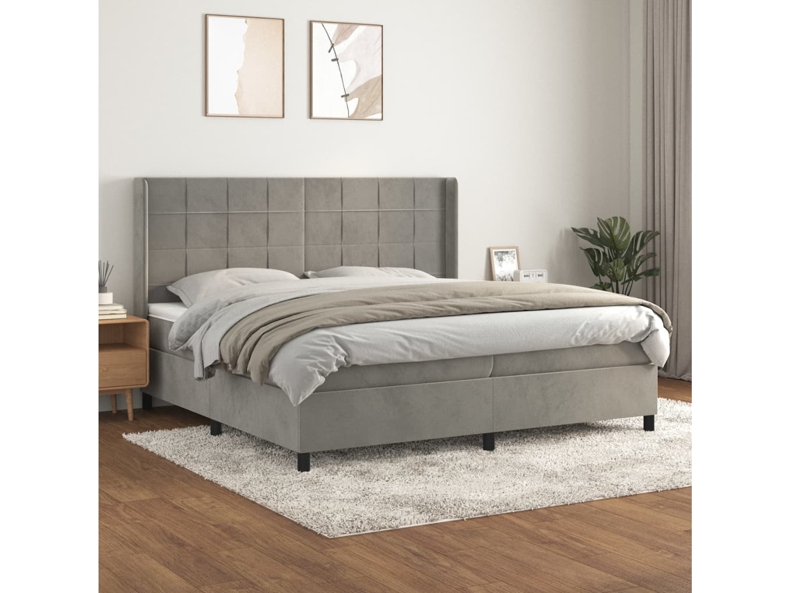 Cama Box Spring Con Colchón Terciopelo Gris Claro 200x200 Cm