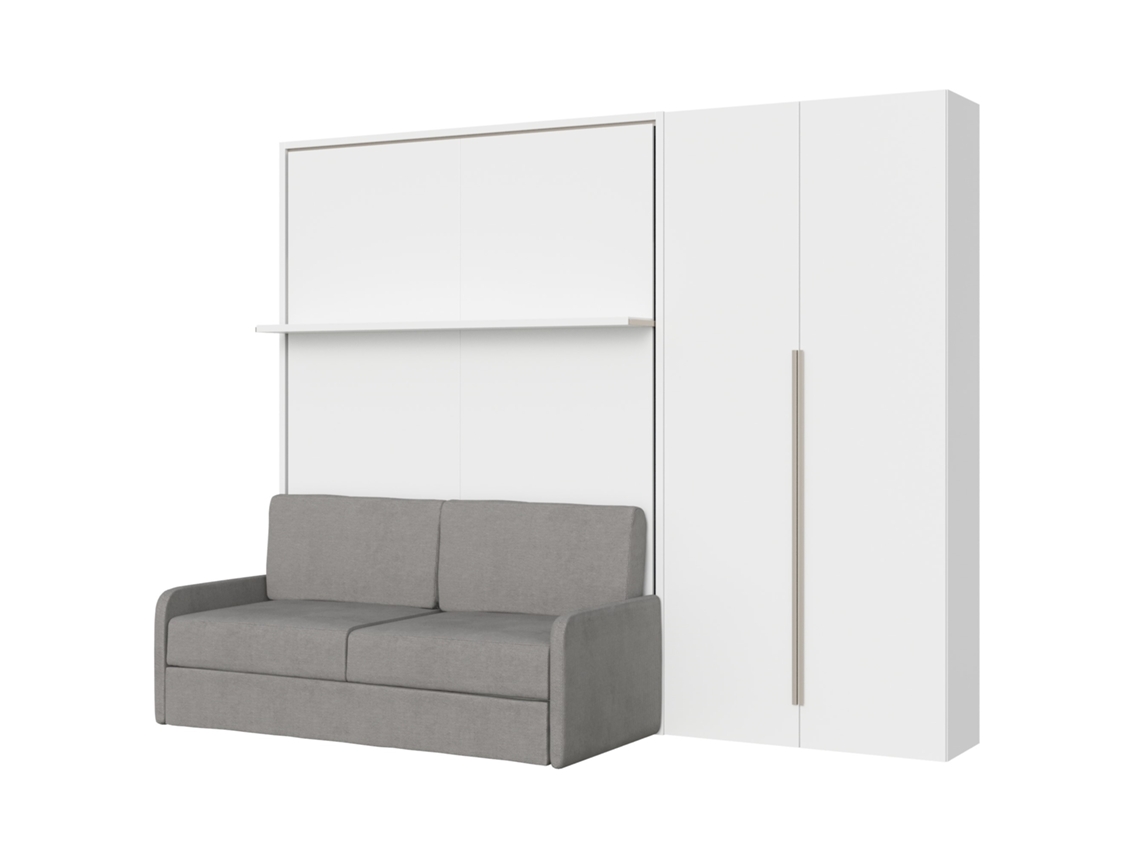 Cama Doble Abatible Vertical Versia Sofà 160 Con Sofá, Estante Y Armario Derecho 2 Puertas Blanco