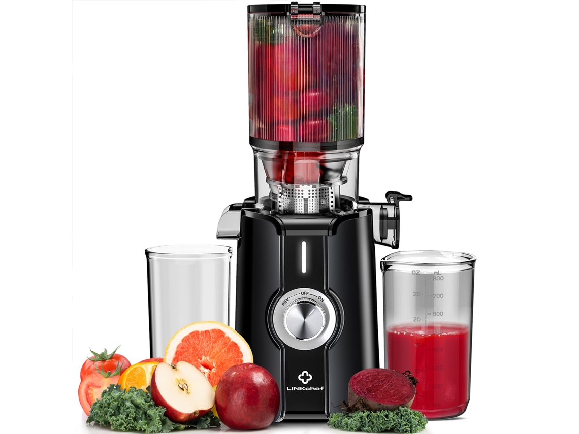 Exprimidor lento Linkchef SJ 051 EU BL, con certificación CE, 200 W de potencia, 1,2 L de capacidad, dos bandejas, fácil de limpiar, color negro