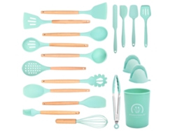 Conjunto de Utensílios de Cozinha 19 Peças Conjunto de Panelas Resistentes Ao Calor de Silicone com Cabo de Madeira-Verde GERTIZ