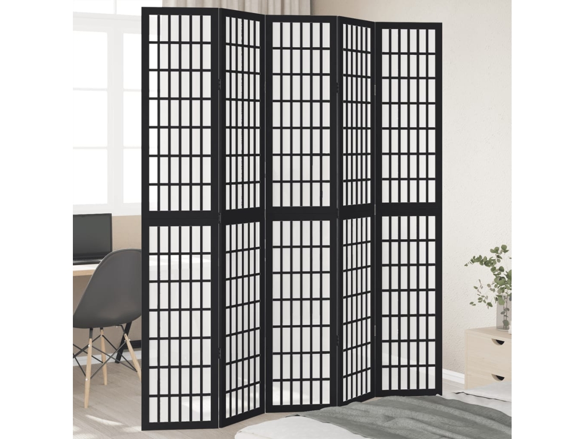 Separador de ambientes | Biombo de privacidad con 5 paneles, madera maciza de paulownia negra.