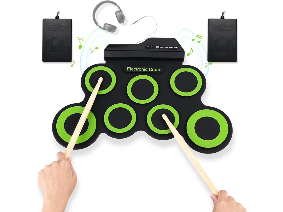 Batería electrónica digital Eifson con USB, 7 pads y pedal angular tipo cuchilla (verde)