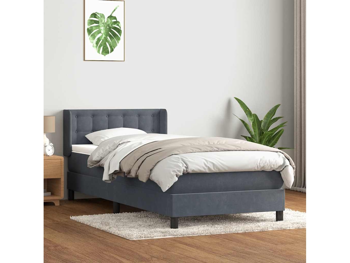 Cama Box Spring Con Colchón Terciopelo Gris Oscuro 80x210 Cm