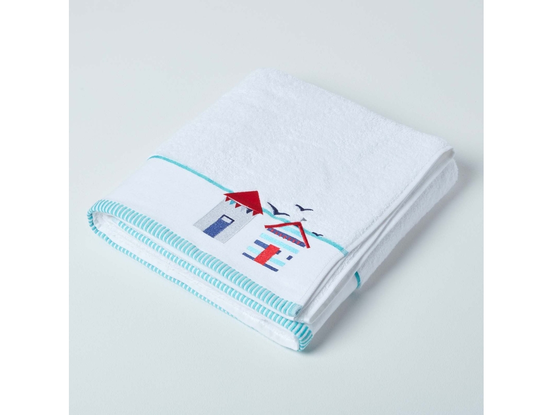 Homescapes White Blue Beach Hut Bath Sheet