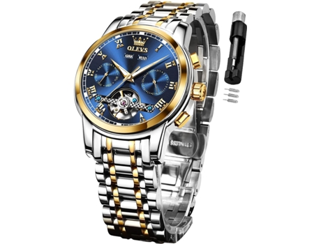 VEANXIN Reloj Automático para Hombre Reloj Mecánico de Negocios de Acero Inoxidable Multicalendario Reloj Luminoso Impermeable(azul)