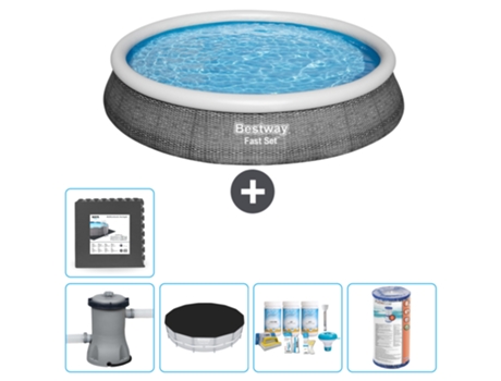 Piscina hinchable redonda Fast Set BESTWAY - Estampado ratán - 396 x 84 cm - Bomba incluida Cubrir - Paquete de mantenimiento - Filtrar - Baldosas
