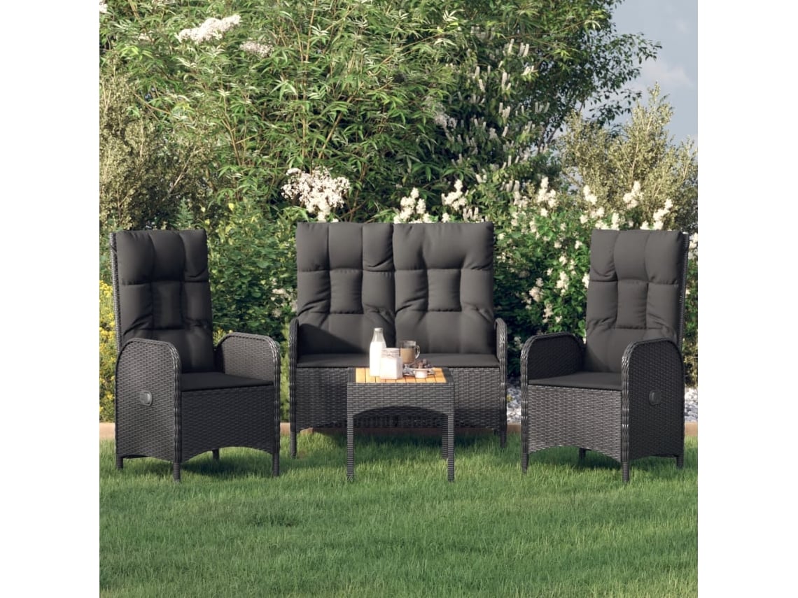 Conjunto de jardín de 4 piezas DKD Home Decor con cojines de mimbre negros